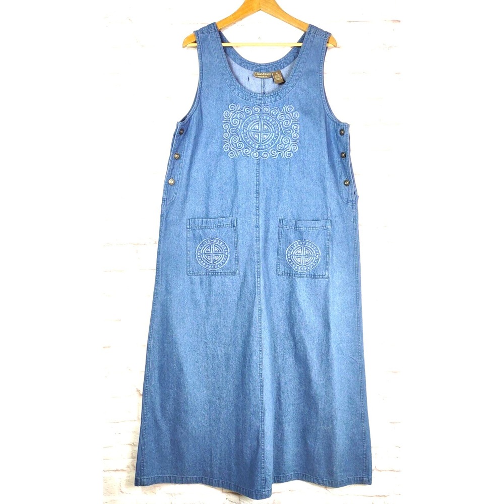 Jane Ashley Womens XL Denim Embroidered Side Button Jumper Dress Pockets Crystal